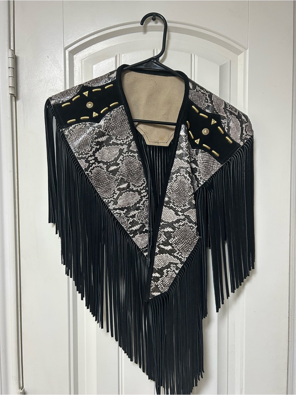 Fringed Snake-Print Leather Jacket Shawl Collar - Black/Tan